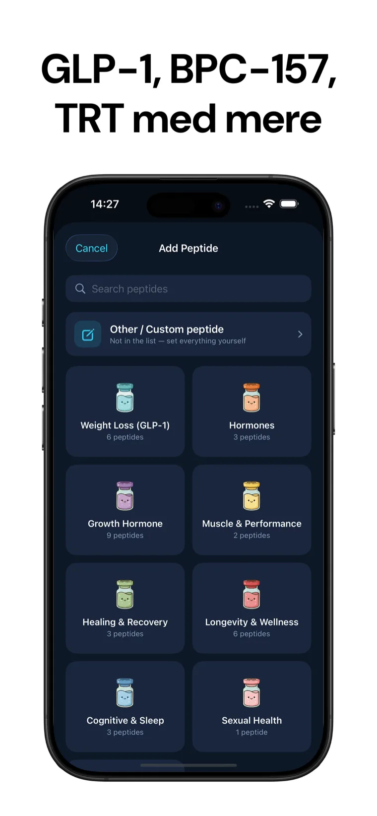 GLP-1, BPC-157, TRT med mere — Peptid-trackers indbyggede bibliotek med over 30 peptider, der kan tilføjes på sekunder