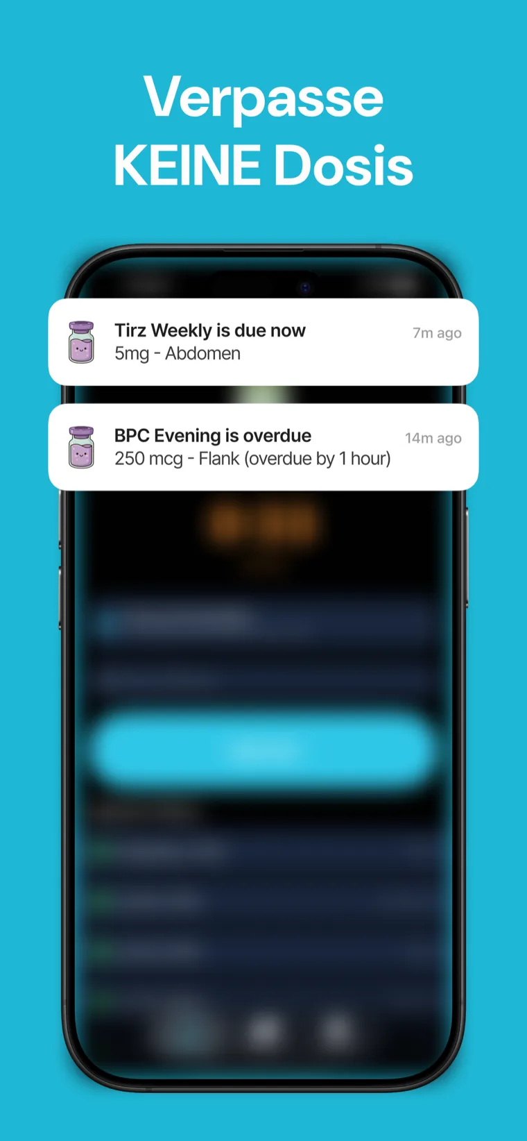 Verpasse KEINE Dosis — Peptid-Tracker mit einer Erinnerung für die nächste Dosis und einem Rekonstitutionsrechner, um die Einheiten für die Insulinspritze zu berechnen