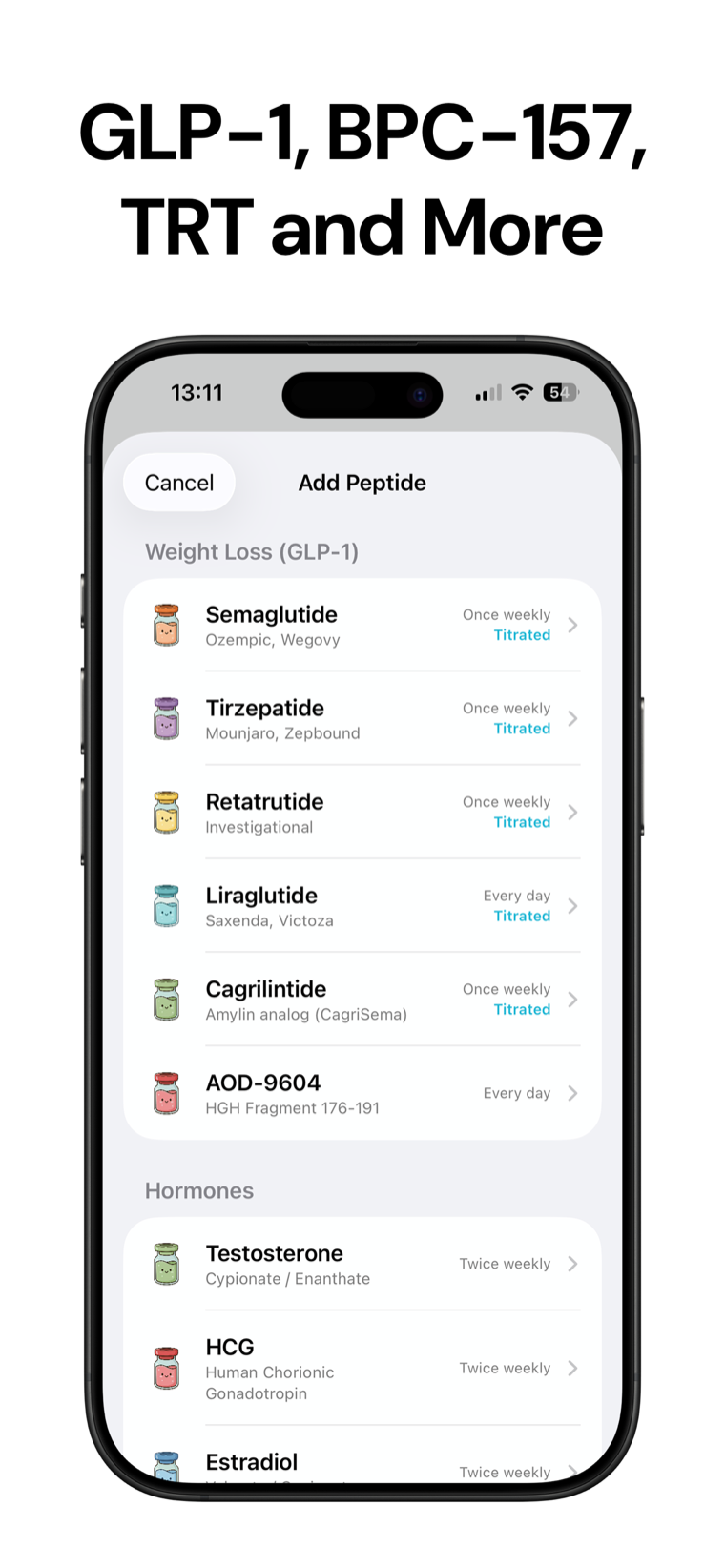 GLP-1, BPC-157, TRT and more — Peptide Tracker built-in library of 30+ peptides ready to add in seconds