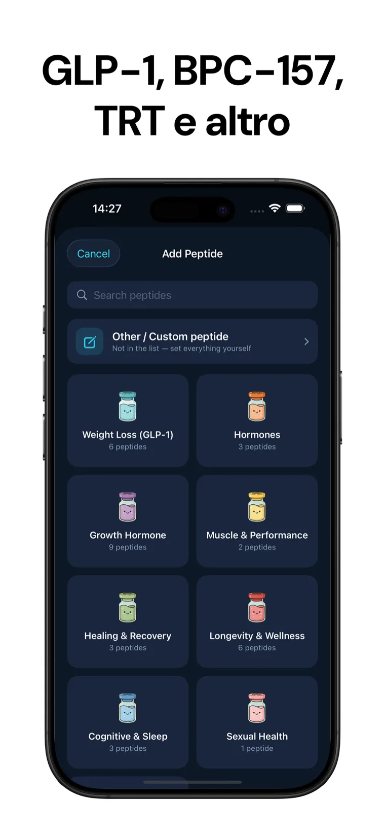 GLP-1, BPC-157, TRT e altro — Libreria integrata di Tracker Peptidi con oltre 30 peptidi pronti da aggiungere in pochi secondi