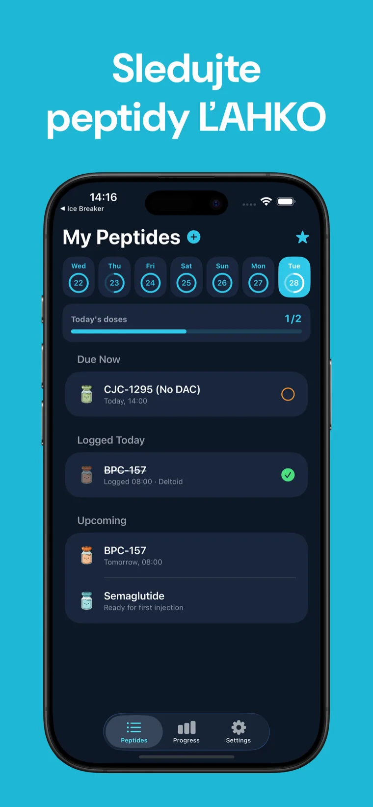 Sledujte peptidy ĽAHKO — Domovská obrazovka aplikácie Sledovanie Peptidov na iPhone zobrazujúca knižnicu peptidov a sledované protokoly