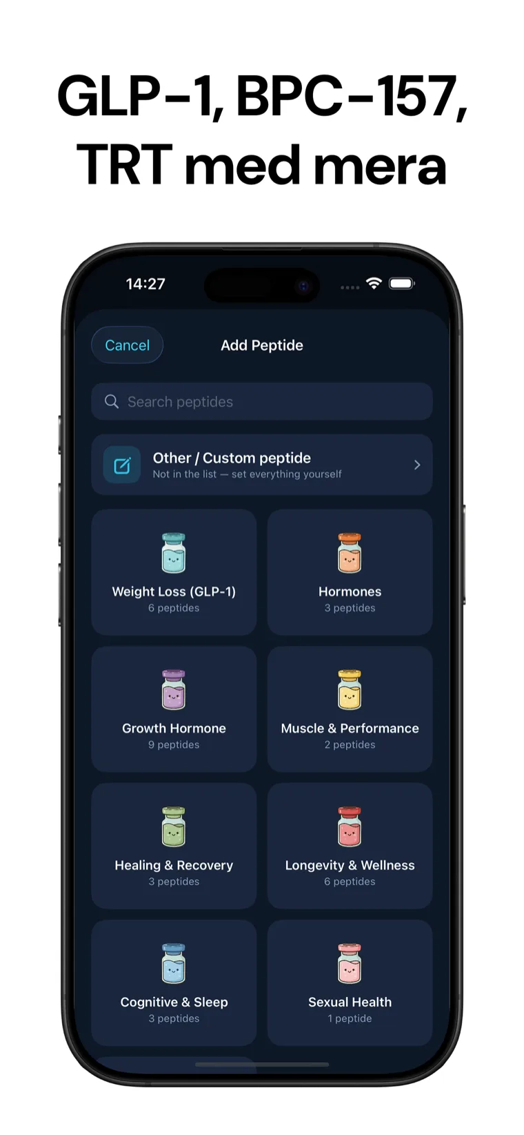 GLP-1, BPC-157, TRT med mera — Peptid-trackers inbyggda bibliotek med 30+ peptider redo att lägga till på sekunder