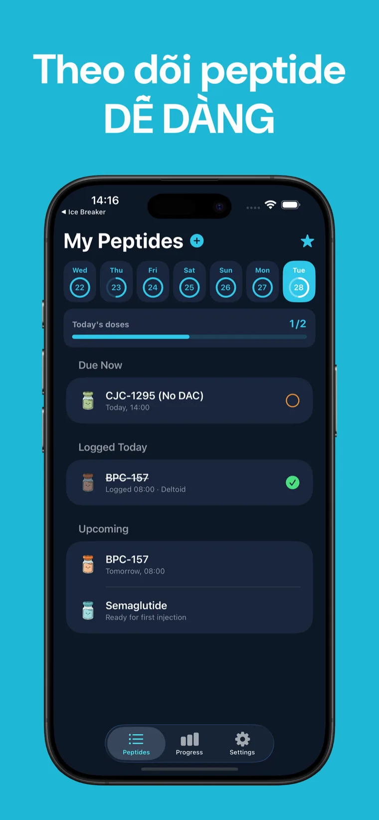 Theo dõi peptide DỄ DÀNG — Màn hình chính Peptide Tracker trên iPhone hiển thị thư viện peptide và các phác đồ đang theo dõi